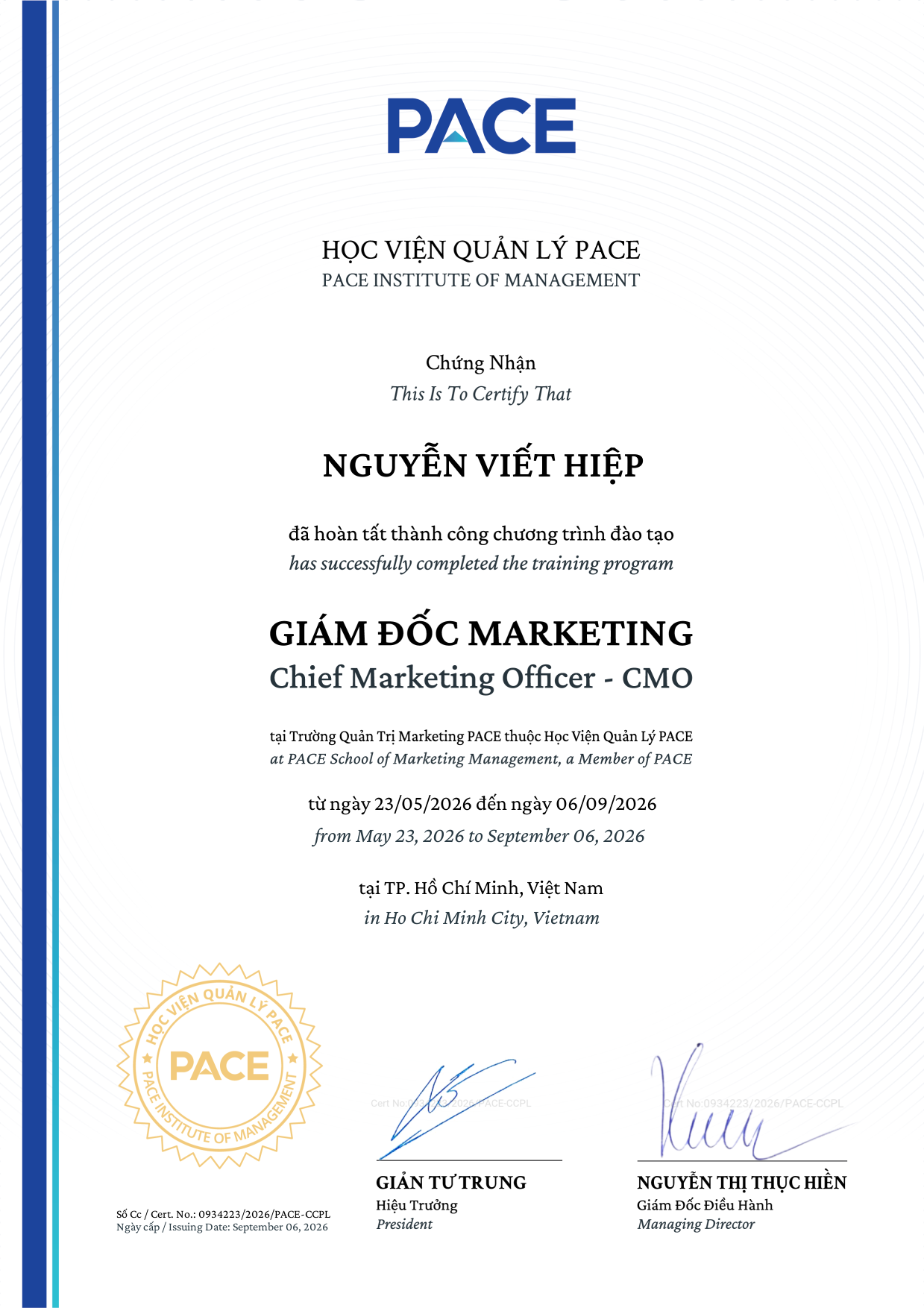Chứng nhận PACE - Giám đốc Marketing CMO
